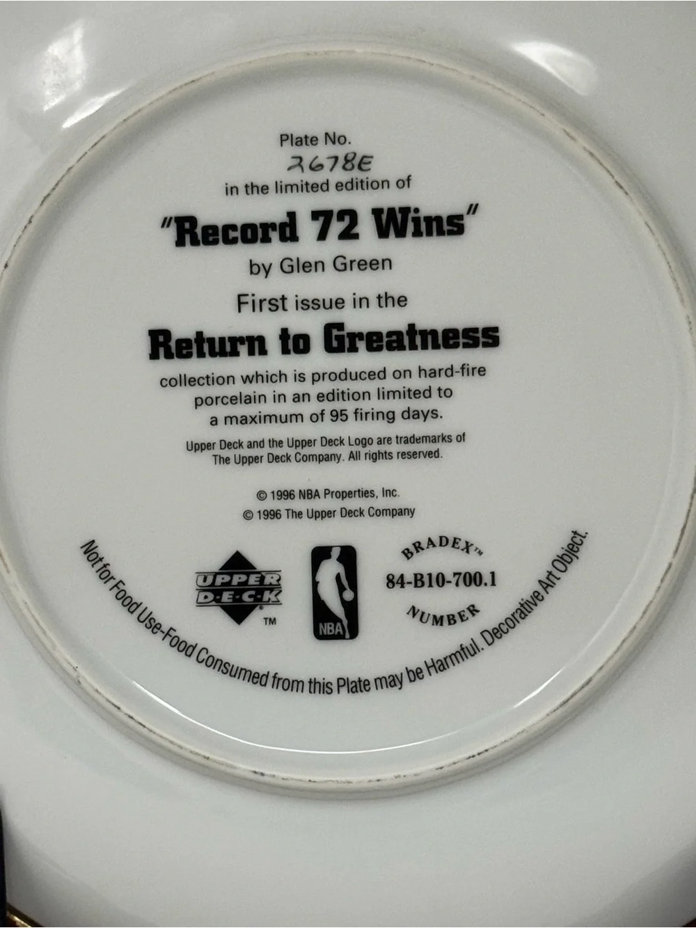 Michael Jordan record 72 wins Bradford exchange/upper deck collectible plate
